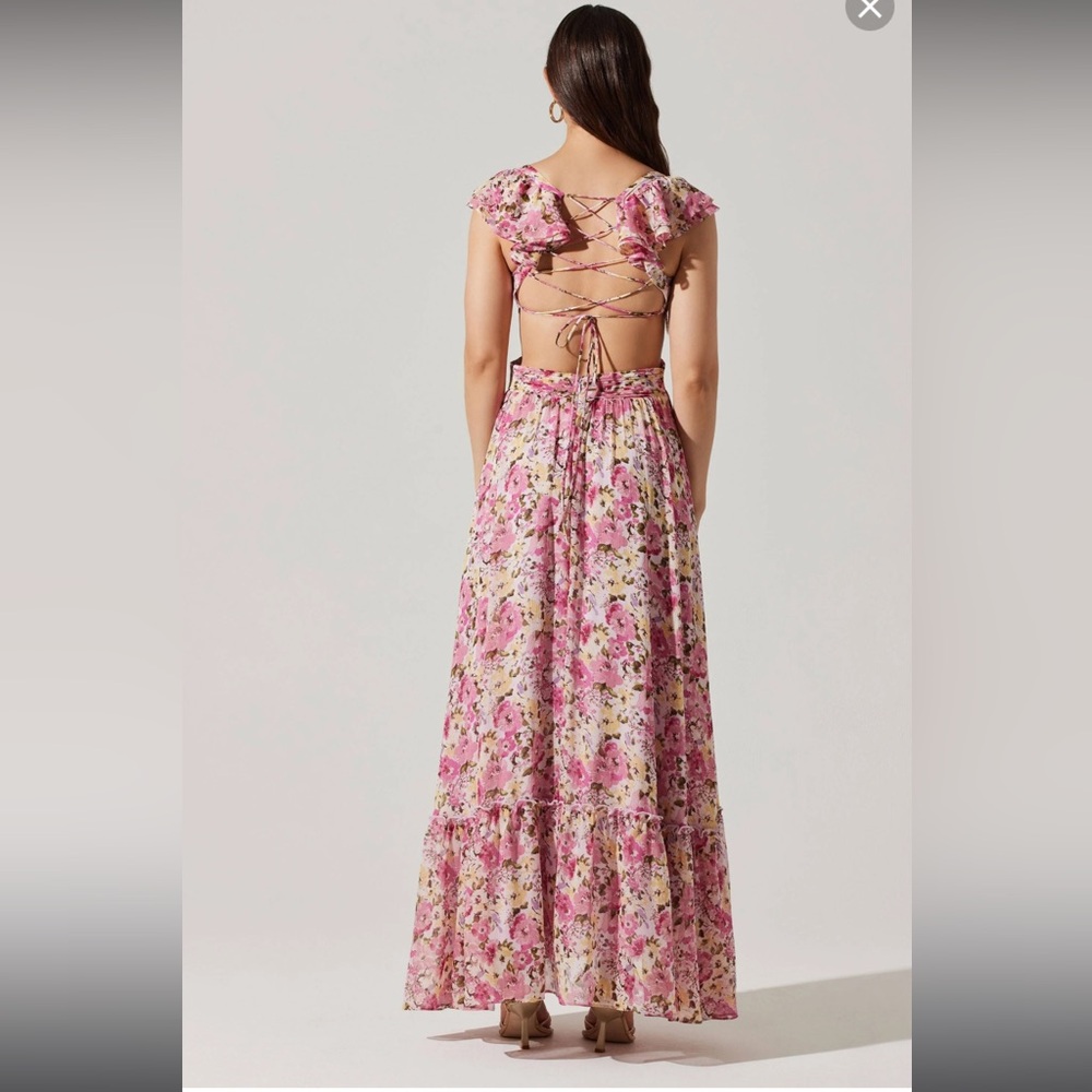PRIMROSE FLORAL STRAPPY BACK MAXI DRESS pink and green. *models wearing similar